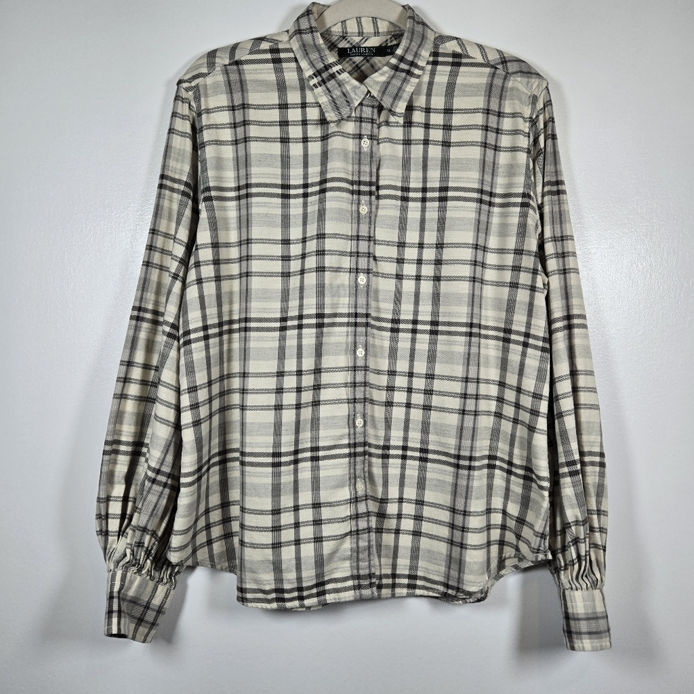 Lauren Ralph Lauren Plaid Flannel Balloon Puff Long Sleeve Button Down Top XL